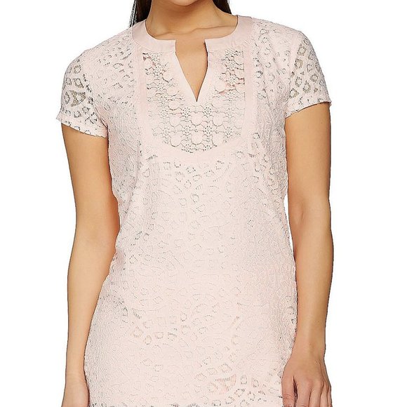 Isaac Mizrahi Live! Women's Short Sleeve Mixed Lace Lined Tunic Top - M - Black - Picture 5 of 7